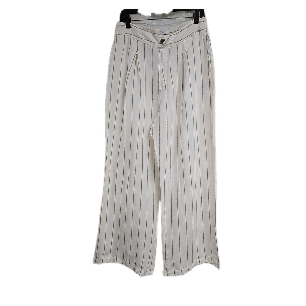 Halston High Rise Wide‎ Leg 100% Linen Pants Trouser Pockets White Striped Sz 12
